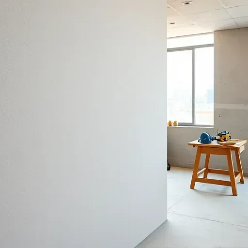 Seamless drywall surface in Milwaukee with clean edges, subtle lighting, unfinished walls, and Milwaukee skyline in the background