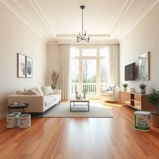 Freshly painted living room by a Pleasant Prairie contractor showcasing modern decor, warm lighting, and polished wood floors.