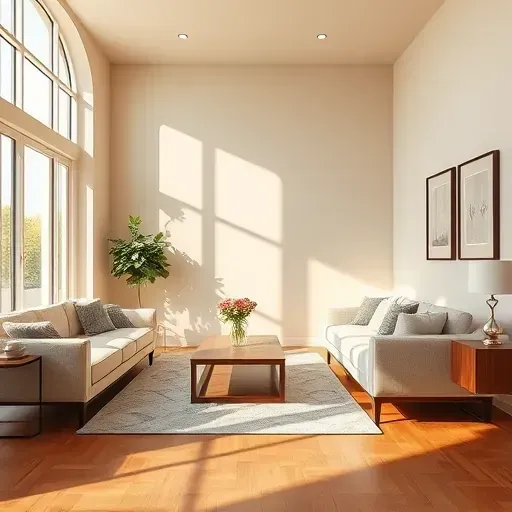 Bright interior room in Muskego WI with smooth neutral walls, natural light, modern furniture, polished hardwood floors and tasteful decor