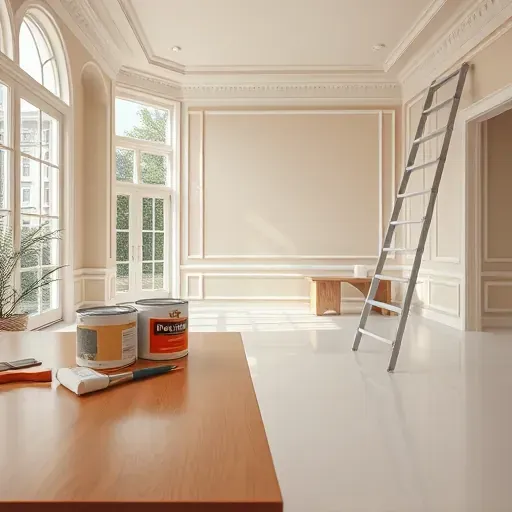 Interior scene in Milwaukee showing freshly painted beige walls, painter's tools on a wooden table, bright natural light, and modern decor
