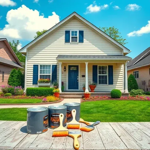 Completed painting project in Waukesha WI featuring a charming home with navy shutters and manicured landscaping
