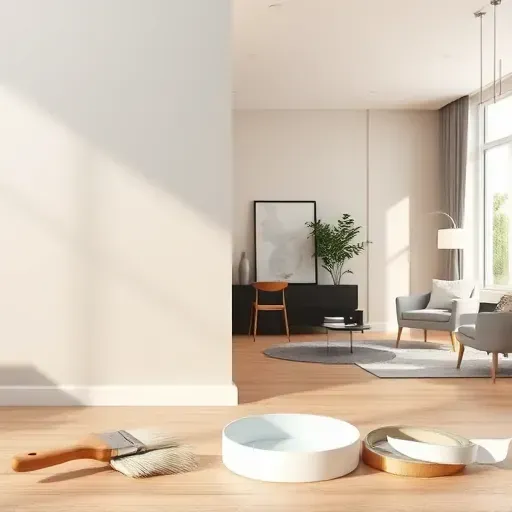 Freshly painted neutral wall in modern living room with tools and natural light, underscoring quality painting services in Milwaukee.