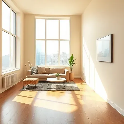 Freshly painted interior room in warm beige and cream with modern furniture and cityscape views through large windows.