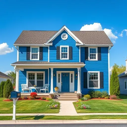 Beautifully painted blue suburban home in Menomonee Falls WI with vibrant landscaping and elegant outdoor furniture.