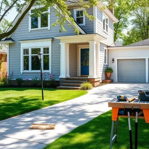 Completed residential painting project in Racine WI featuring vibrant colors, elegant architecture, and a manicured yard.