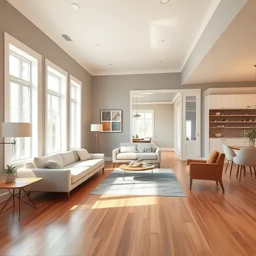 Freshly painted modern living room in New Berlin WI, showcasing warm accent walls, polished hardwood, and tasteful decor.