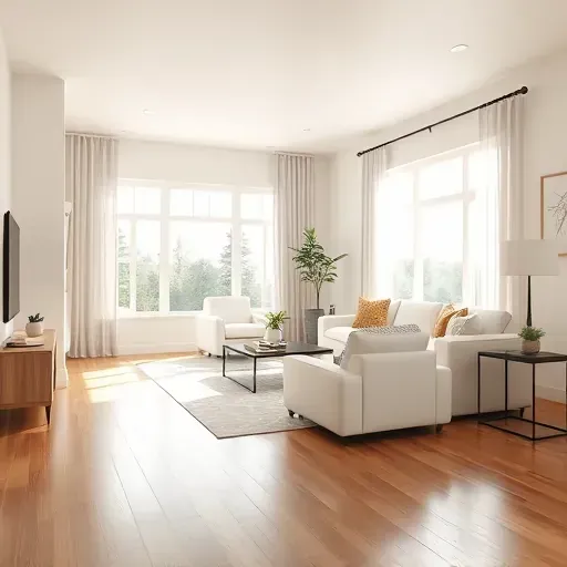 Freshly painted neutral-toned living room with modern decor, natural light, polished hardwood floors, and minimalist design in Milwaukee