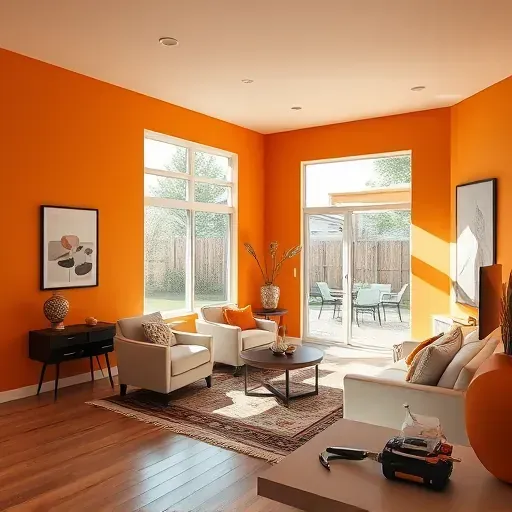 Freshly painted warm-colored interior room in Bay View Wisconsin with modern furniture, natural light, and a cozy, stylish atmosphere