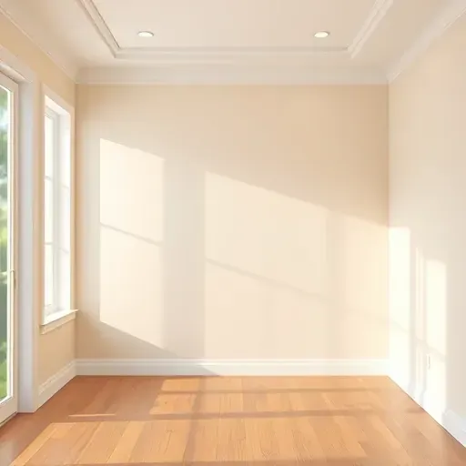 Freshly painted beige interior wall with precise edges, crown molding, hardwood flooring, and natural daylight in Cudahy Wisconsin