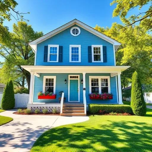 Completed painting project in Kenosha WI featuring a two-story light blue house with white trim and colorful flower boxes.