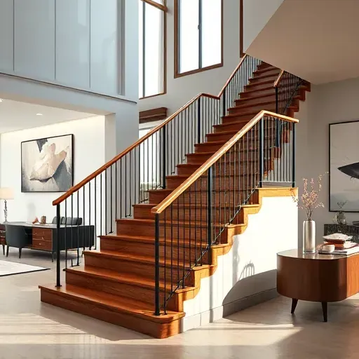 Beautiful polished wooden staircase with elegant metal railings, natural light, modern decor, and tasteful wall art in Milwaukee