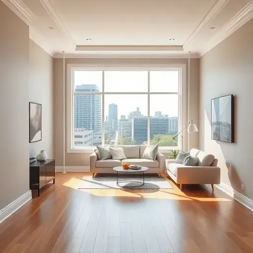 Freshly painted Milwaukee living room with neutral walls, large window revealing cityscape, and modern decor.