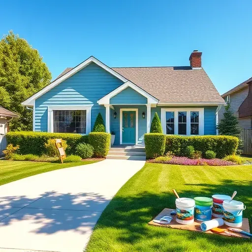 Newly painted suburban home in Thiensville, WI, featuring soft blue siding, white trim, and lush landscaping.