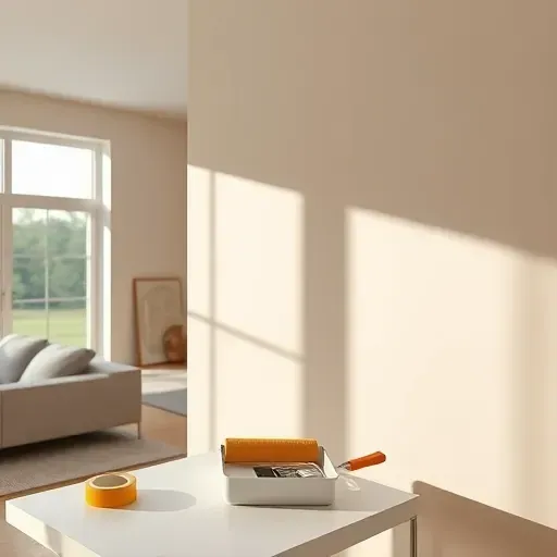 Freshly painted neutral taupe wall in modern living room with tools, natural light, and stylish decor emphasizing quality workmanship