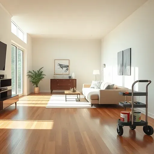 Beautifully painted South Milwaukee living room with neutral walls, hardwood floors, modern decor, natural light, and organized painting tools
