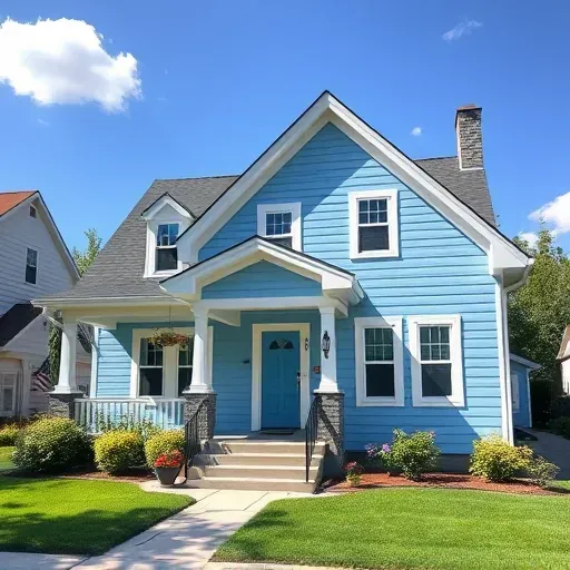 Beautifully painted residential home in Kenosha WI featuring soft blue exterior, white trim, and vibrant landscaping.