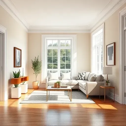 Freshly painted neutral living room in Sussex Wisconsin with smooth walls, white crown molding, hardwood floors, and modern decor