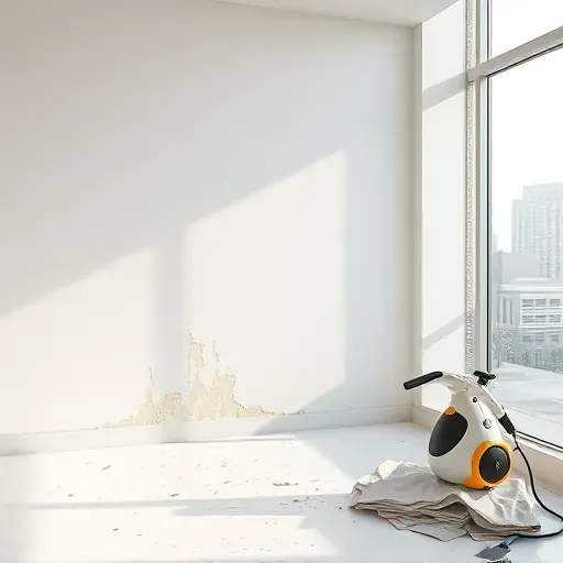 Milwaukee wallpaper removal scene showing a clean workspace, tools, and a city view outside large window