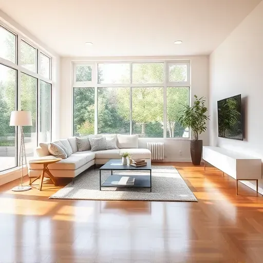 Bright, freshly painted modern living room in Fox Point WI with neutral colors, hardwood floor, natural light, and stylish decor