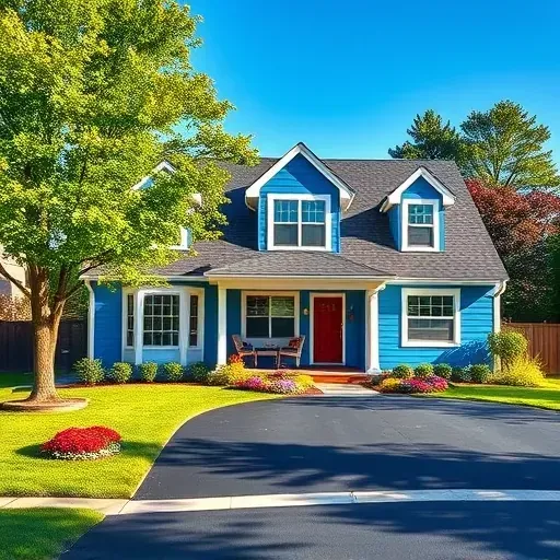 Charming Greendale home with vibrant blue siding, white trim, lush lawn, and colorful flower beds under a clear sky.