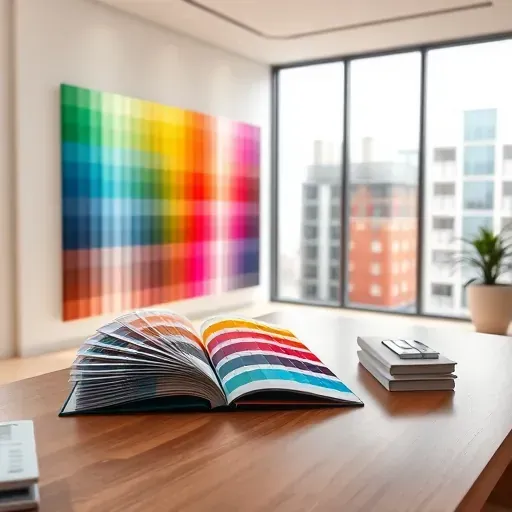 Milwaukee interior design studio with color palette display, modern workstation, natural light, city views, and professional color tools