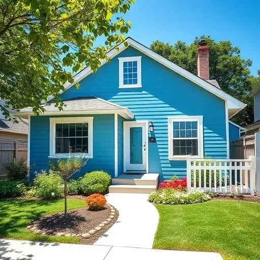 Completed painting project by a contractor in Bayside WI featuring a charming blue house with white trim and vibrant garden.