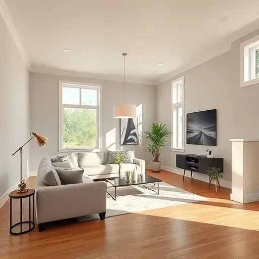 Modern Waukesha living room with pristine beige walls, contemporary furniture, hardwood floors, and natural light.