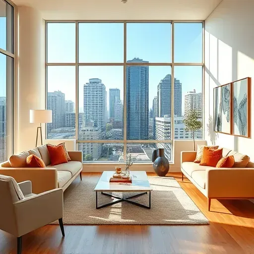 Beautiful modern Milwaukee apartment interior with freshly painted walls, stylish furniture, cityscape view and natural light