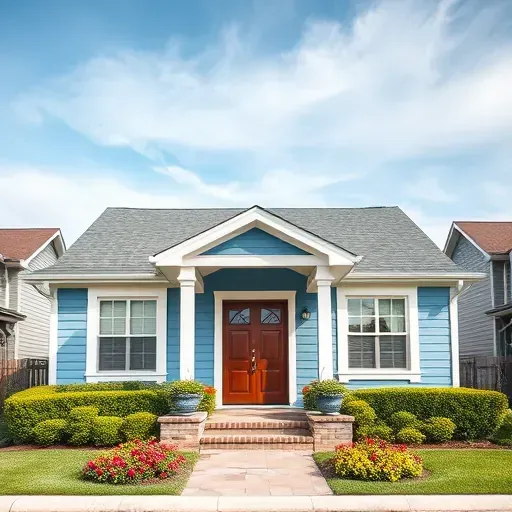 Newly painted suburban home in Racine, WI, featuring soft blues, whites, vibrant landscaping, and a charming front door.