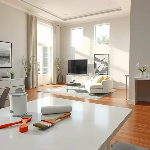 Professionally painted living room in Milwaukee with neutral walls, clean windows, and minimalist decor showcasing craftsmanship.