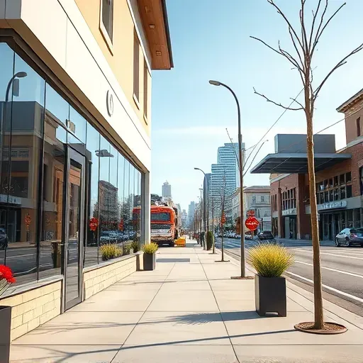 Milwaukee commercial building exterior with vibrant paint, modern design, large windows, neat landscaping, and city skyline background