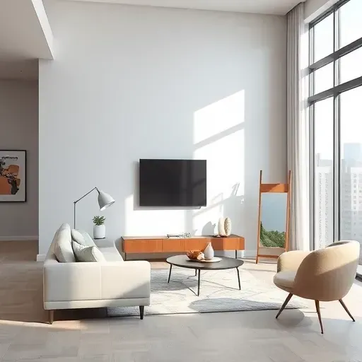 Modern living room with freshly painted light gray wall, sleek furniture, and Milwaukee skyline view through windows.