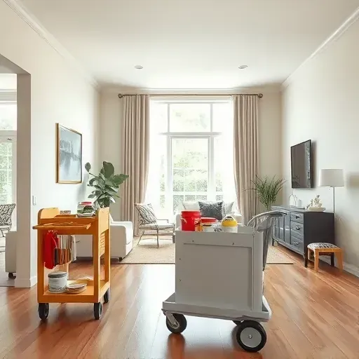 Freshly painted modern interior with smooth neutral walls, natural light, organized painter's tools, hardwood floors, and elegant decor in Pewaukee WI