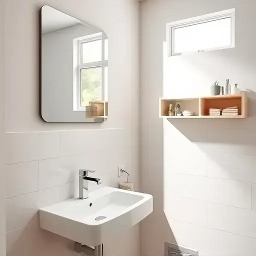Freshly painted modern Milwaukee bathroom with tiled walls, ceramic sink, large mirror, and organized storage shelf