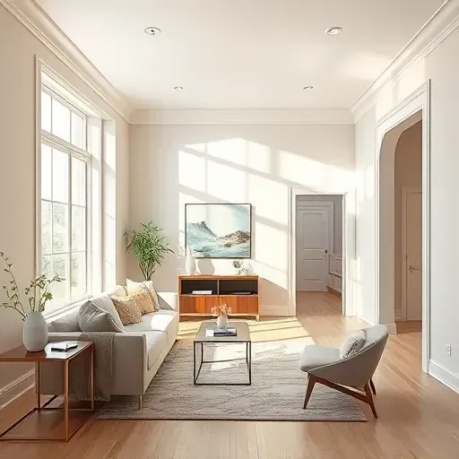 Freshly painted stylish living room in Butler Wisconsin with smooth neutral walls, natural light, elegant decor, and pristine craftsmanship