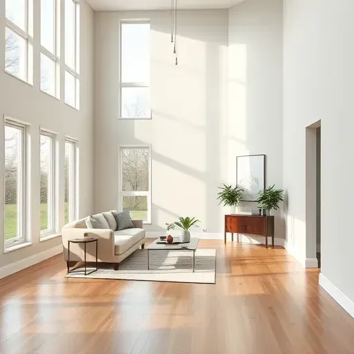 Freshly painted modern living room in Hales Corners WI with smooth beige walls bright natural light hardwood floors and stylish decor