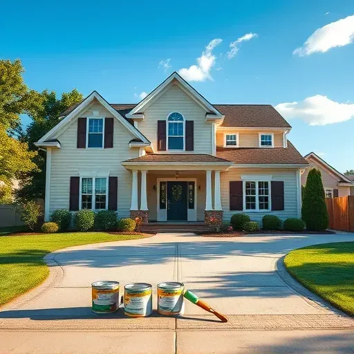 Newly painted suburban home in Racine, WI, featuring soft pastel colors, fresh shutters, and lush greenery.