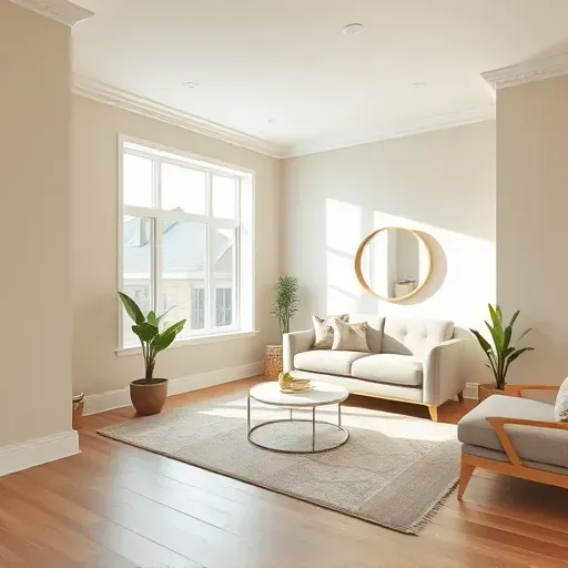 Freshly painted beige living room in Waukesha WI with natural light, modern decor, tidy space, and detailed textures