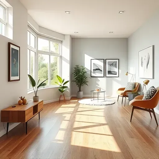 Freshly painted wall in Sussex WI, showcasing smooth finish, modern decor, wooden floor, and bright natural light.