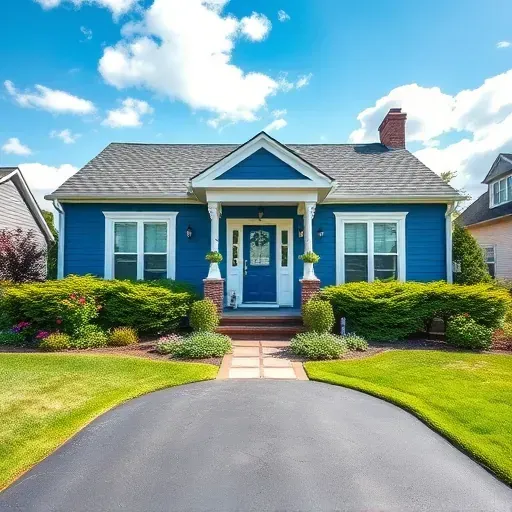 Charming Racine house with fresh blue paint and white trim, surrounded by lush landscaping and vibrant flowers.