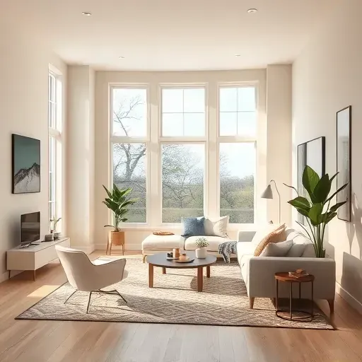 Freshly painted modern beige interior room in Franklin Wisconsin with natural light, stylish decor, and green plants.