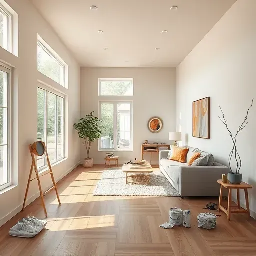 Freshly painted modern interior with neutral walls, natural light, wooden floors, minimalist decor, and cozy outdoor view