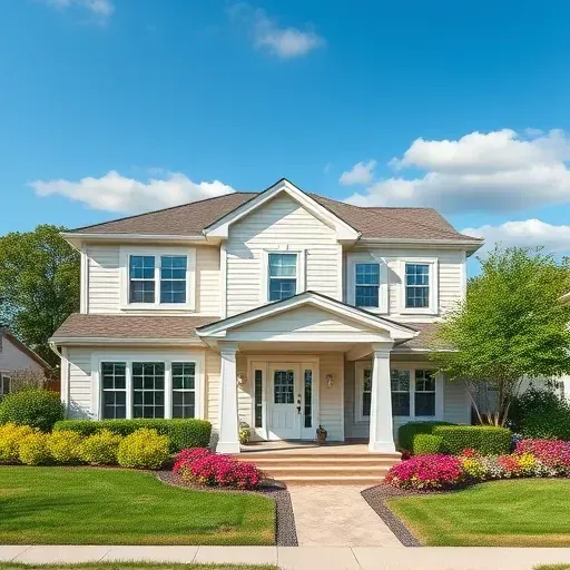 Freshly painted two-story home in Pleasant Prairie WI with soft white and gray colors, lush landscaping, and blue skies.