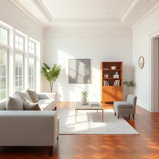 Freshly painted modern living room in South Milwaukee WI with neutral walls, natural sunlight, sleek furniture, hardwood floors, and tasteful decor