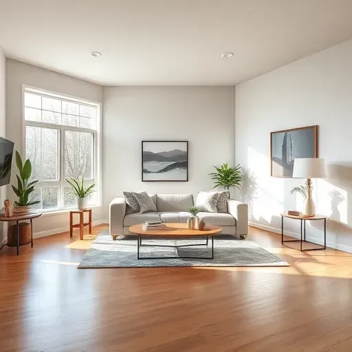 Freshly painted modern living room in Fox Point WI featuring neutral walls, hardwood floors, stylish furniture, and natural light