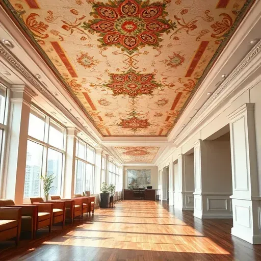 Modern Milwaukee commercial interior with detailed fresco-style ceiling painting and elegant wall accents in natural light