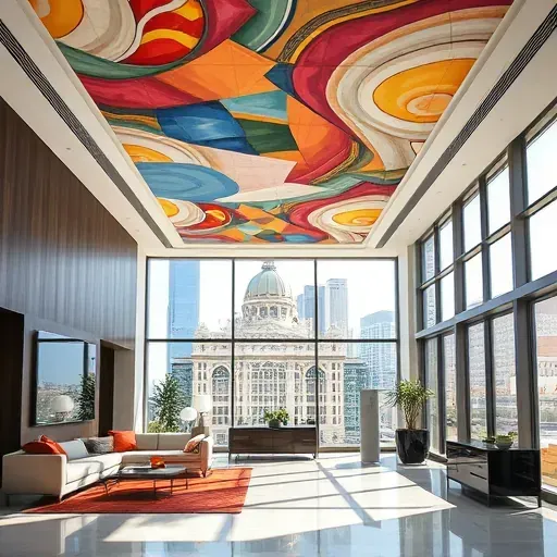 Spacious modern interior in Milwaukee WI with detailed wall mural, polished decor, and cityscape view through large windows