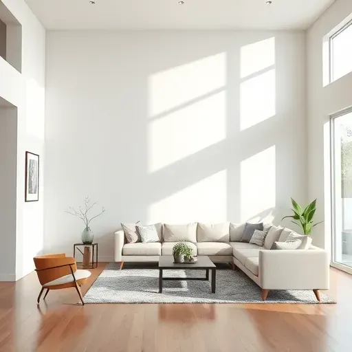Freshly painted pastel-colored interior wall in a modern Kenosha Wisconsin living room with natural light and polished hardwood floors