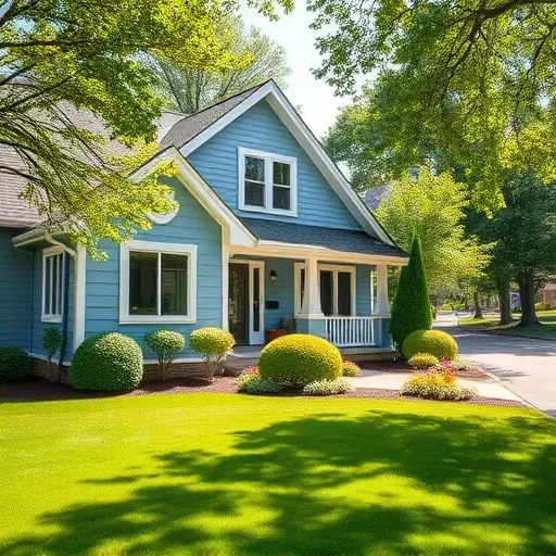 Freshly painted residential home in Pewaukee, WI with blue and white accents, green lawn, and vibrant flower beds.