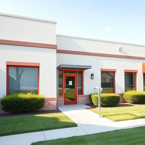 Milwaukee building exterior with smooth painted walls, detailed window frames, clean gutters, landscaped yard, bright sky